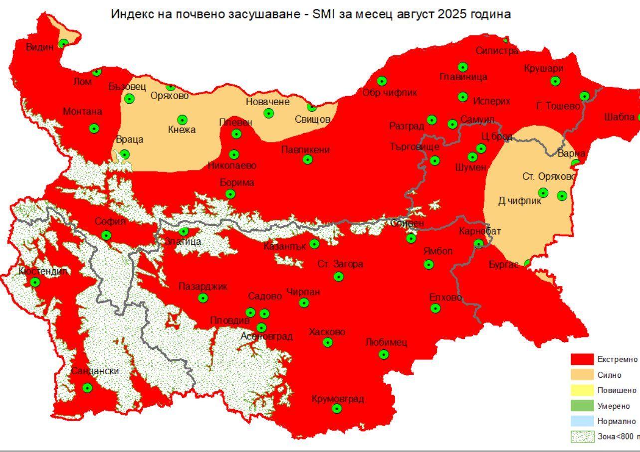 Ето последната карта на НИМХ за засушаването на почвата през август: