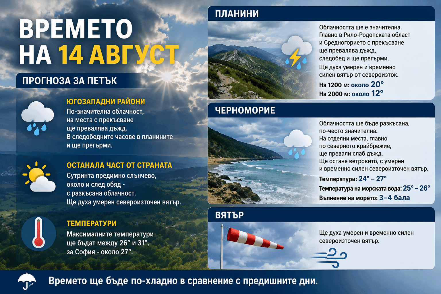 Хладно и с валежи: Какво време ни очаква в Пазарджишко на 14 август
