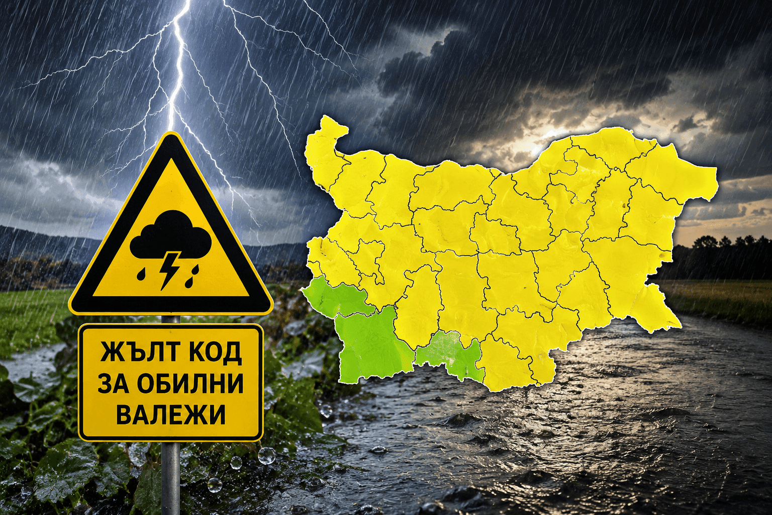 Жълт код за опасно време: Гръмотевични бури, порои и риск от градушки в почти цяла България