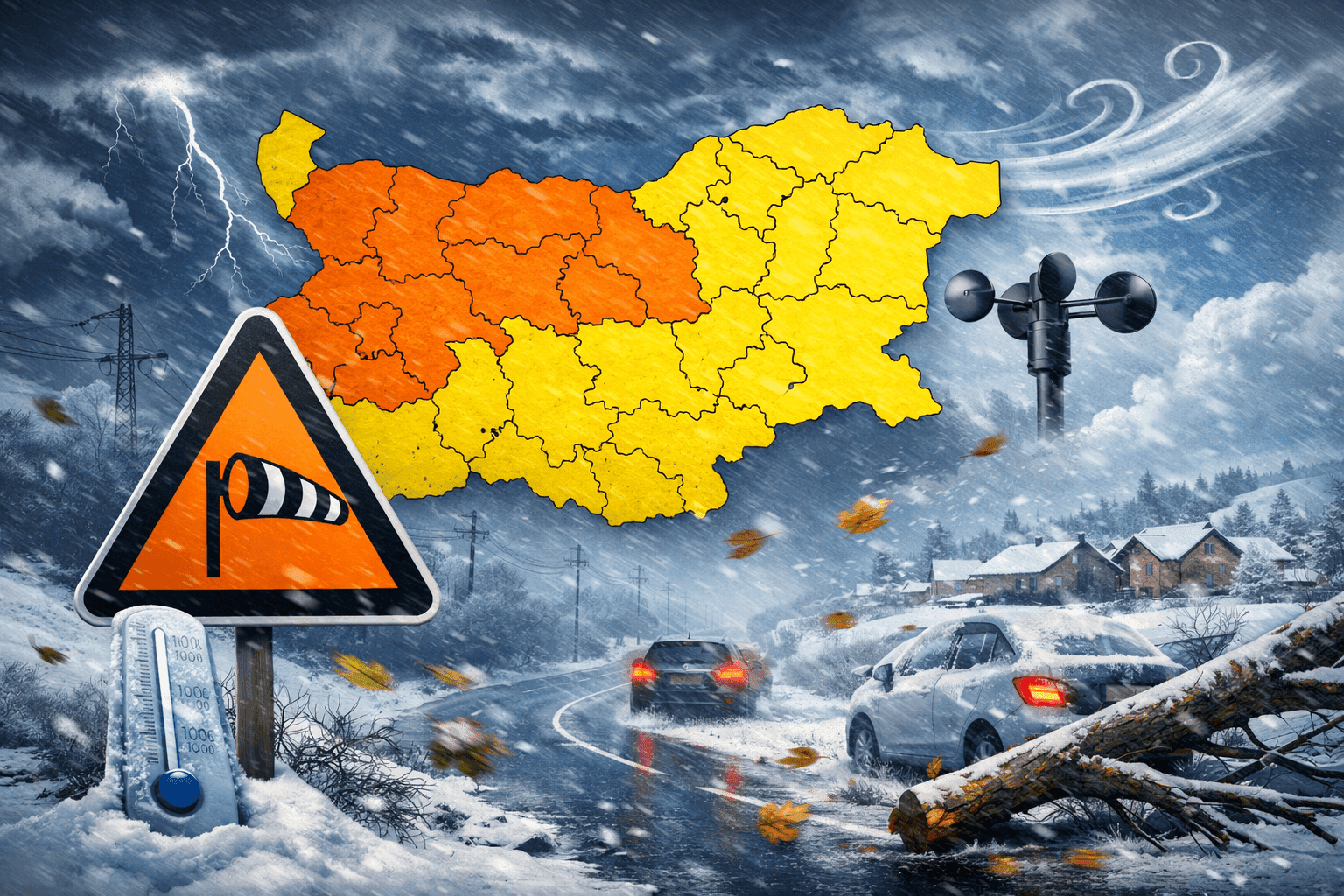 Силен вятър на 28 декември: Оранжев код в област Пазарджик, Жълт и оранжев код в цялата страна