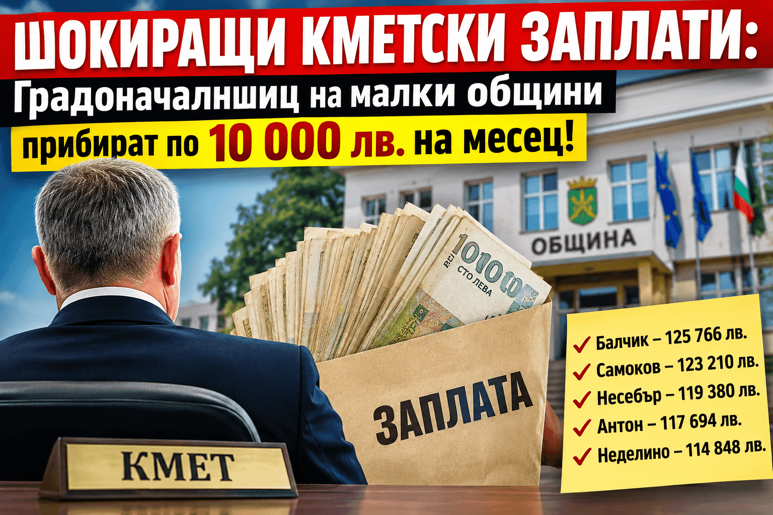Над 10 бона месечно! Кметове на малки общини с НЕВЕРОЯТНИ заплати