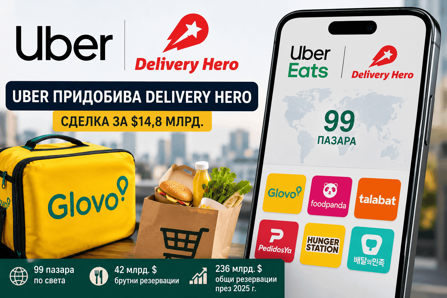 Сделка за $14,8 млрд.: Uber придобива Delivery Hero, Glovo България става част от гиганта